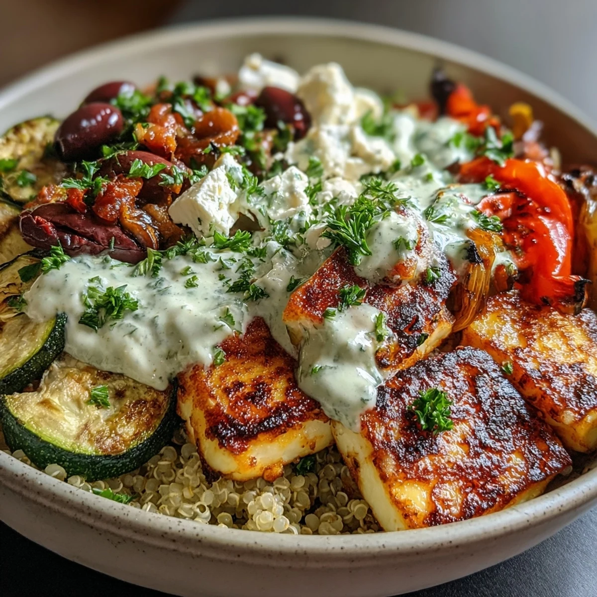 Sliced chicken breast rests on quinoa with olives, feta, and fresh parsley for a wholesome Mediterranean meal.