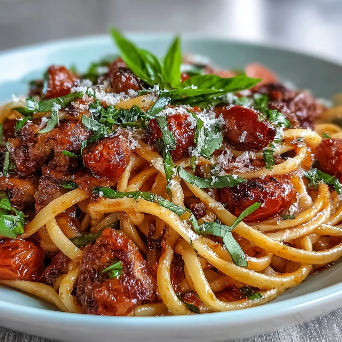 Italian Drunken Noodles feature al dente spaghetti tossed in a Chianti tomato sauce with spicy sausage and sweet cherry tomatoes.