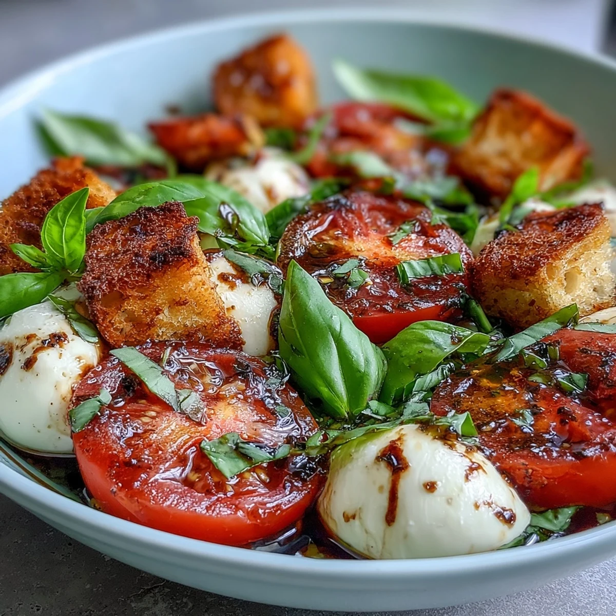 Crispy toasted ciabatta bread cubes scattered over a Caprese Salad Bowl, adding golden crunch to the creamy mozzarella and tangy dressing.
