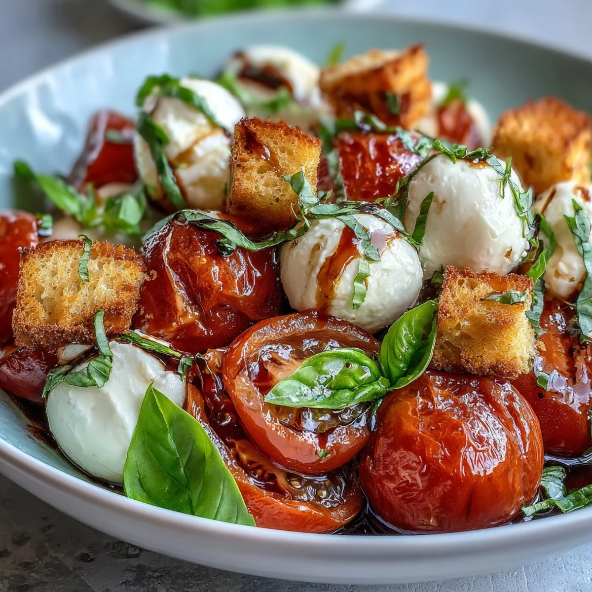 Serving suggestion for Caprese Salad Bowl, plated with rustic bread chunks and fresh basil leaves, ready to pair with a chilled glass of Pinot Grigio.