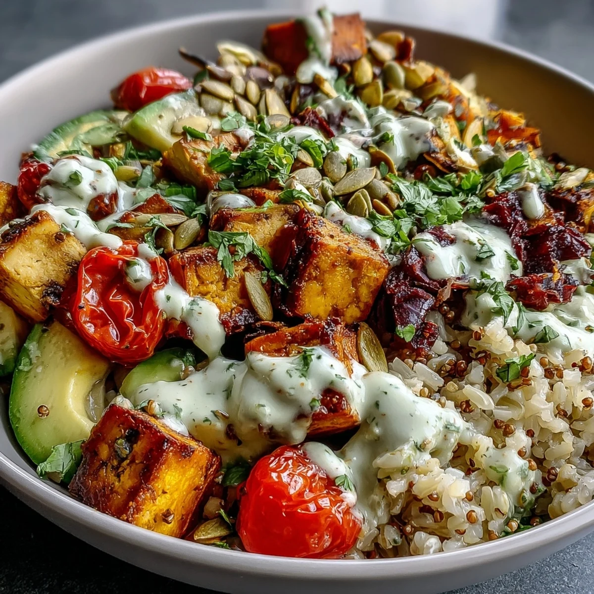 Freshly assembled Customizable Grain Bowl with brown rice, roasted sweet potato, and avocado slices, drizzled with creamy lemon-tahini dressing.