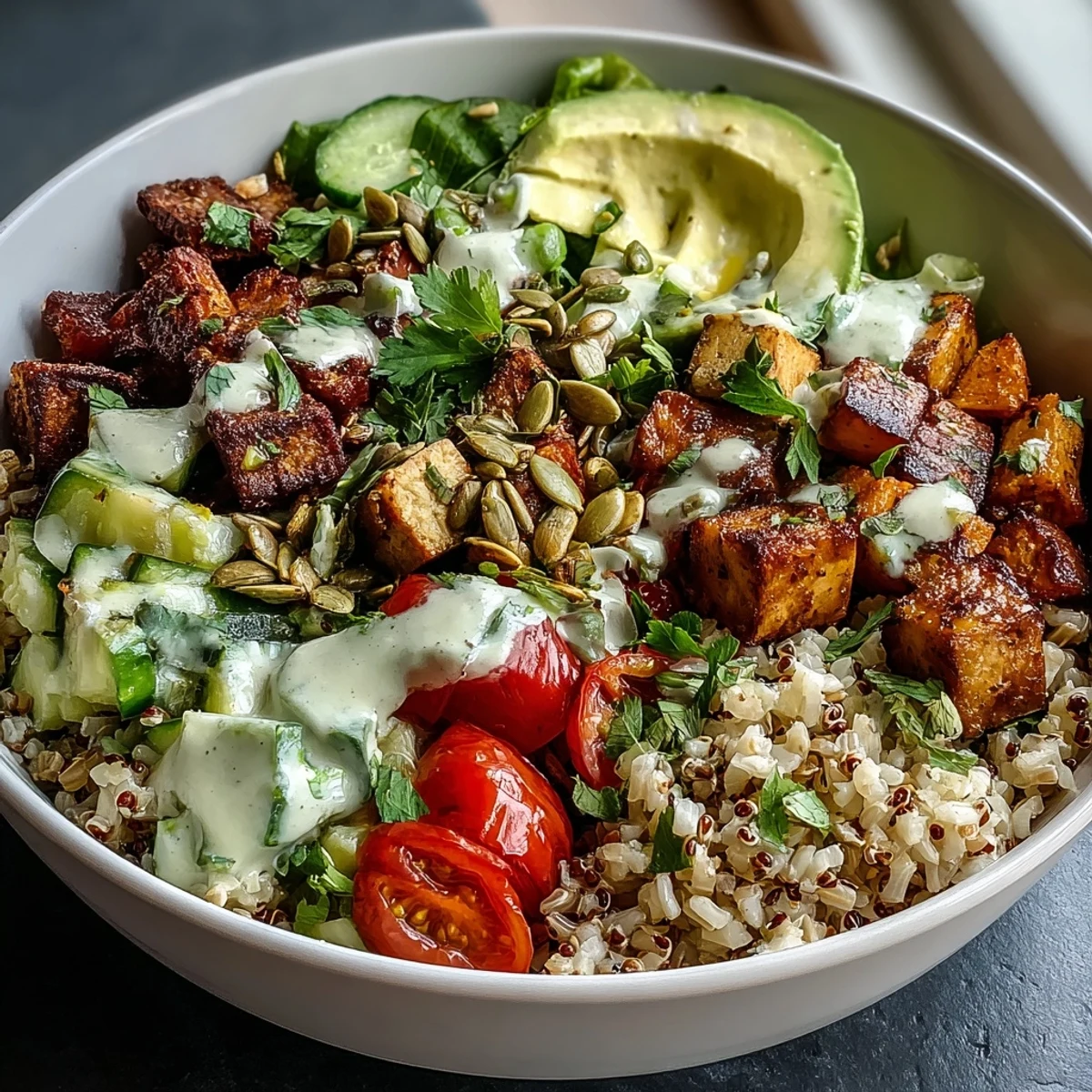 Hearty Customizable Grain Bowl featuring quinoa, baked tofu, steamed broccoli, shredded carrots, and sesame seeds.