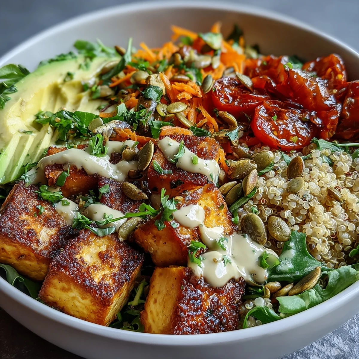 Simple Grain Bowl served in a ceramic bowl with quinoa, chickpeas, avocado, tomatoes, cucumber, carrots, and pumpkin seeds, ready to drizzle with lemon dressing.