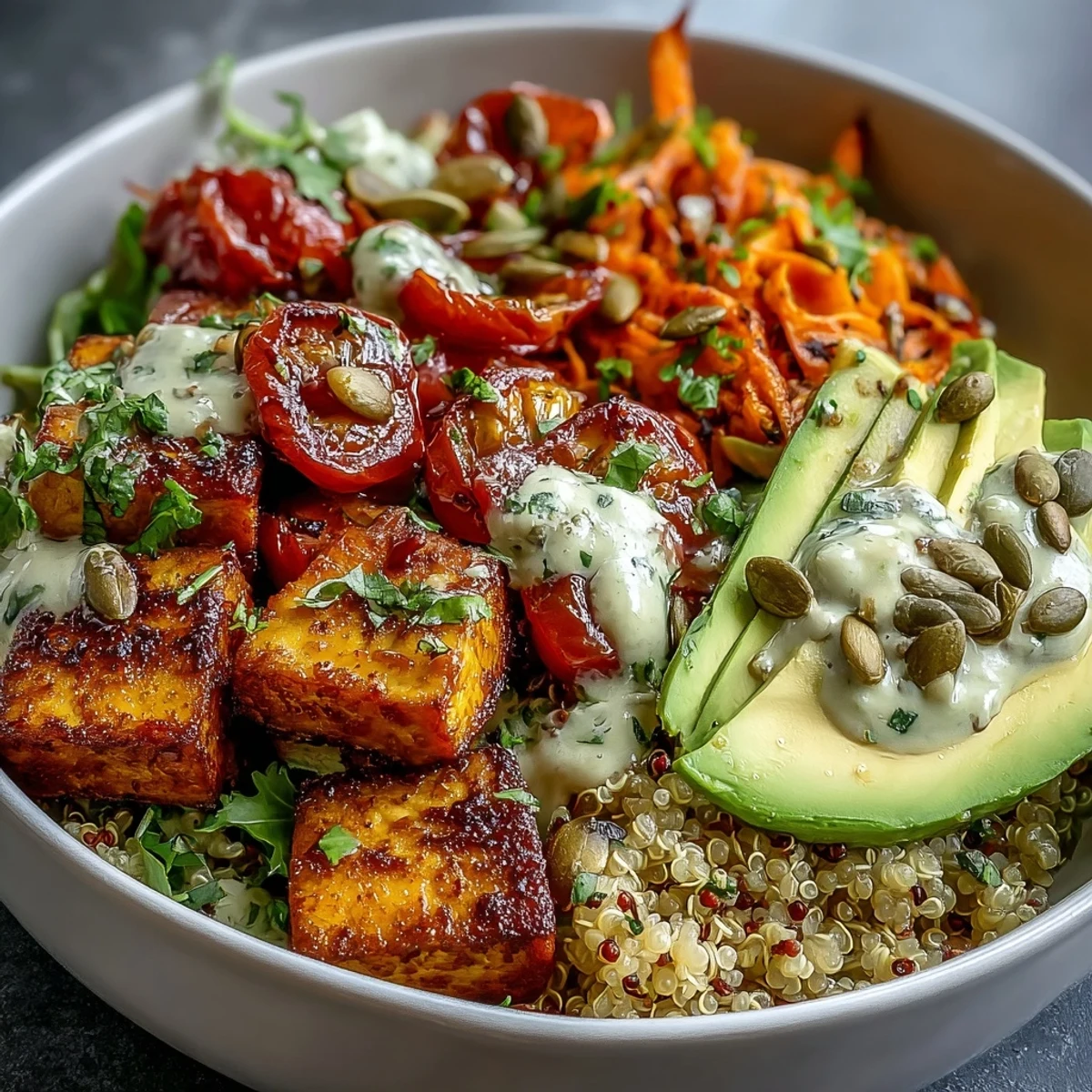 Simple Grain Bowl with fluffy farro, pan-seared tofu, vibrant veggies, avocado, and toasted pumpkin seeds, drizzled with tangy lemon vinaigrette.