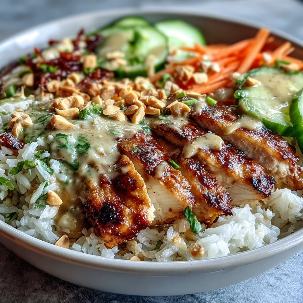 A nourishing bowl of coconut rice, sliced chicken, edamame, and colorful veggies with peanut sauce.