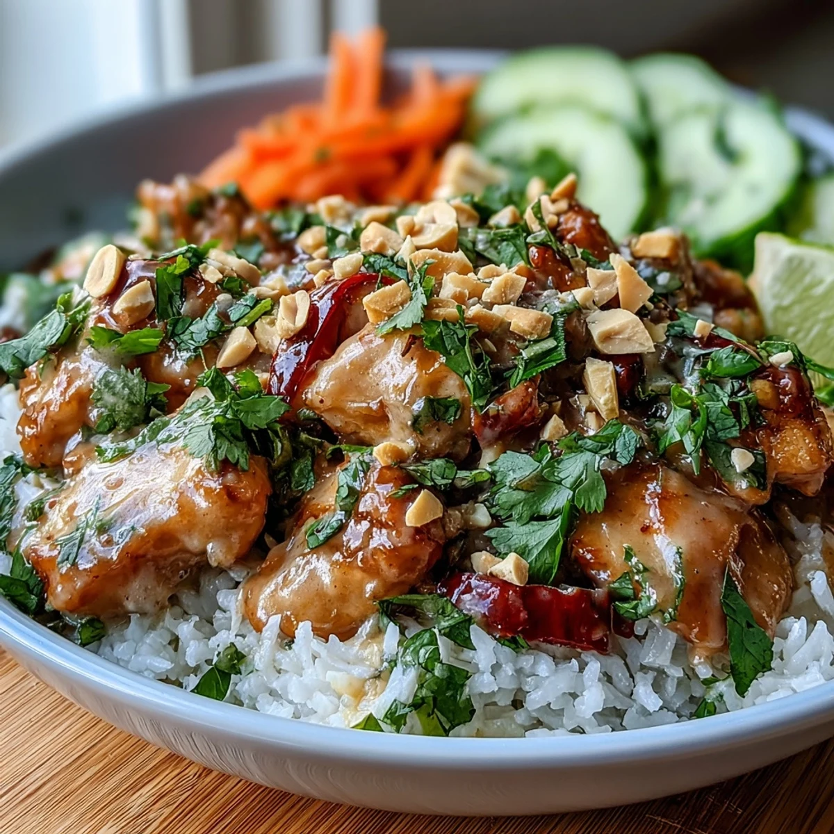 Spoon spicy-creamy peanut sauce over tender chicken and coconut rice in a Thai Peanut Chicken Bowl, garnished with crisp veggies and chopped peanuts.