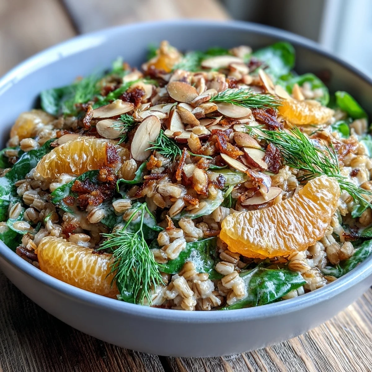 A freshly prepared Farro Salad Bowl garnished with fennel fronds and almonds, served over a bed of vibrant mixed greens.