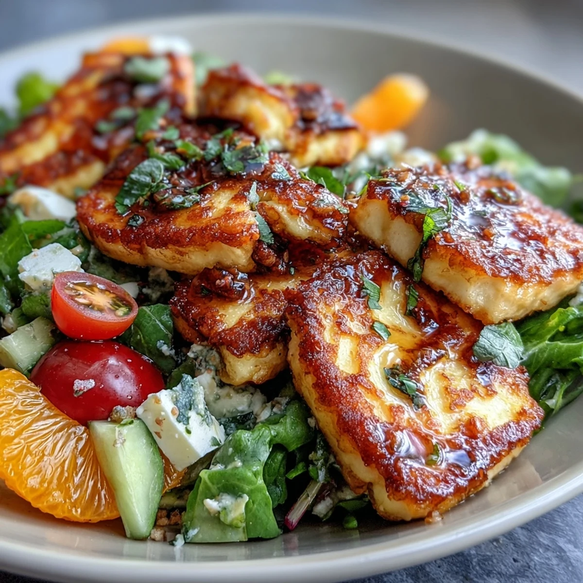 Golden-fried halloumi and blood orange segments on mixed greens, with crispy sourdough croutons and red onion in a zesty sumac dressing.