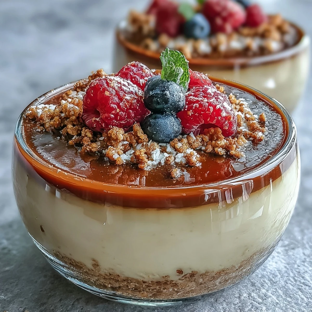 Four glasses of Hojicha Panna Cotta Parfait display creamy, brown layers topped with fresh red berries and crunchy oat granola.