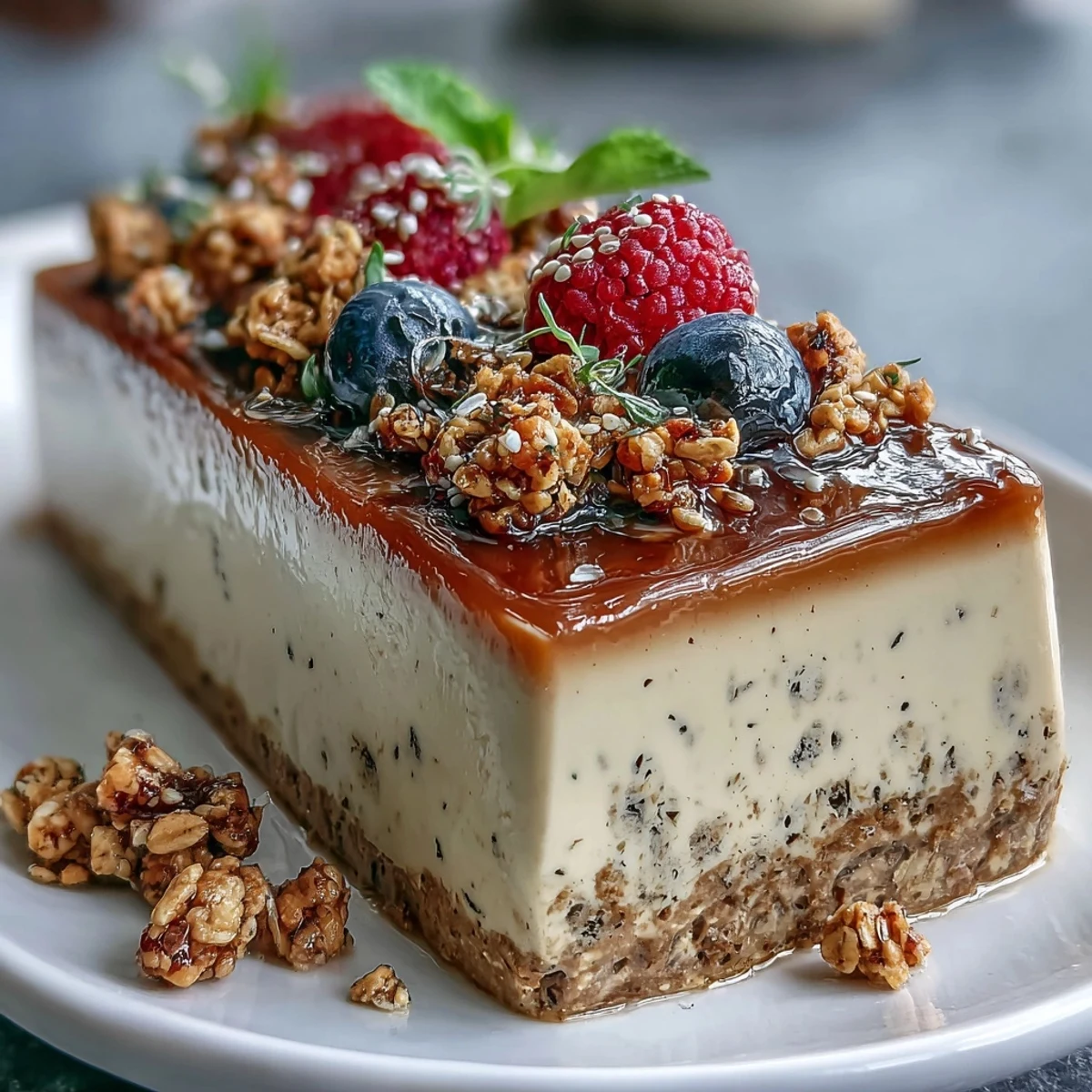 Hojicha Panna Cotta Parfait served in a glass reveals luscious panna cotta, macerated strawberries, and golden granola for texture.