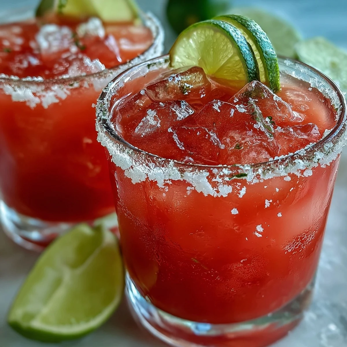 Two refreshing Guava Margaritas on a summer table, garnished with fresh guava and lime.