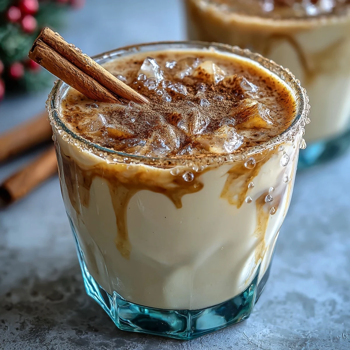 Creamy Guava Coquito served in a small glass, garnished with ground cinnamon and a stick.