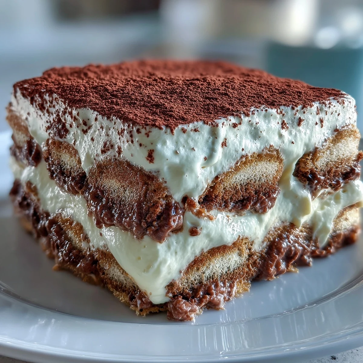 Freshly dusted Hojicha Tiramisu with creamy mascarpone layers and cocoa powder on a rustic wooden table.
