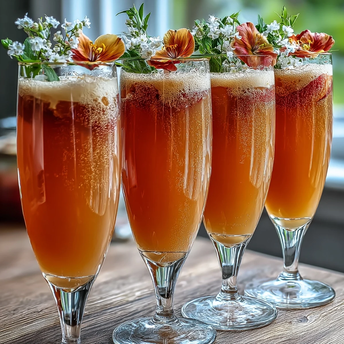 Flutes of bubbly Elderflower Guava Mimosa garnished with edible flowers, reflecting the cocktail’s pink hue.