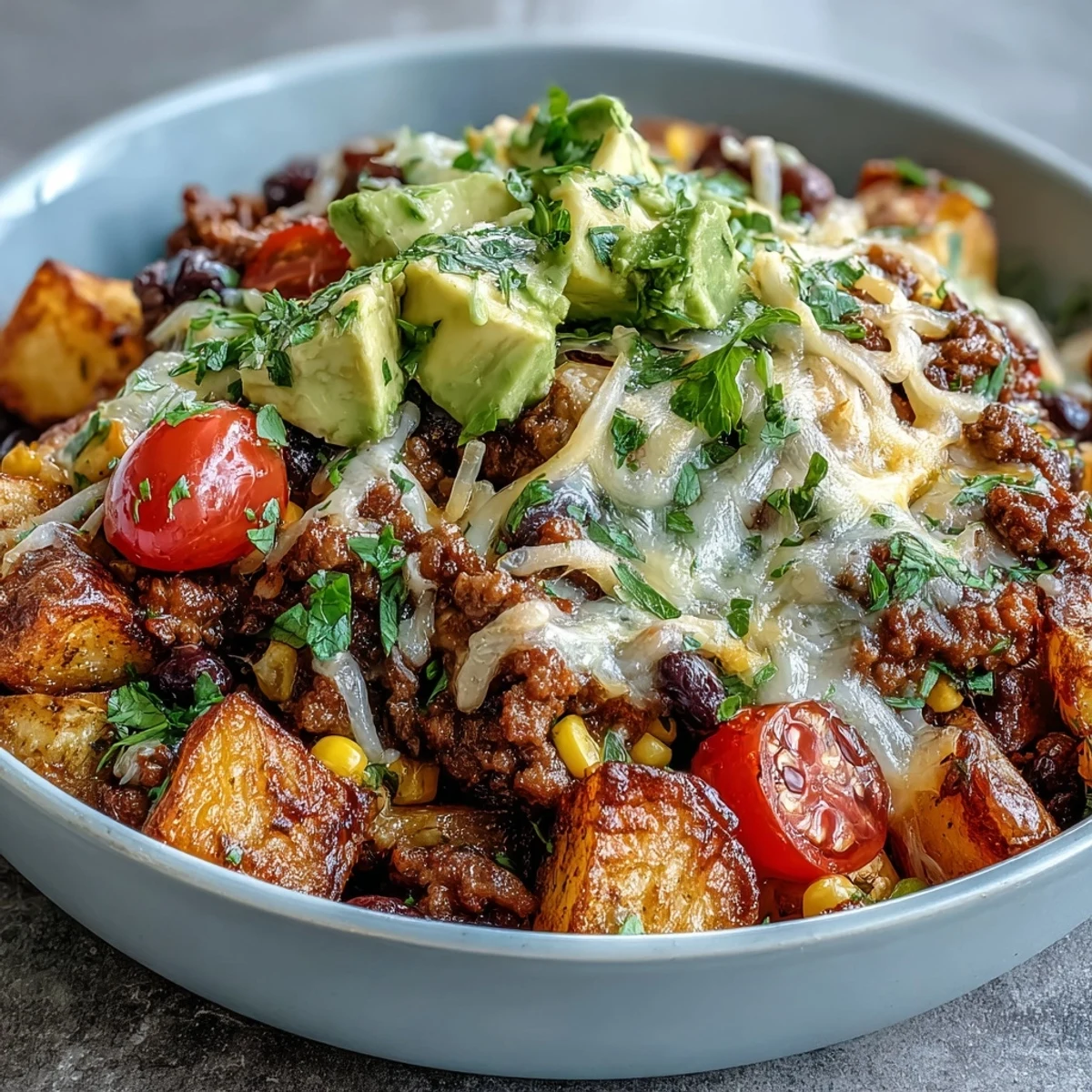 Crispy roasted potatoes and seasoned ground beef form the base of a Loaded Potato Taco Bowl with black beans, corn, and melted cheddar. 