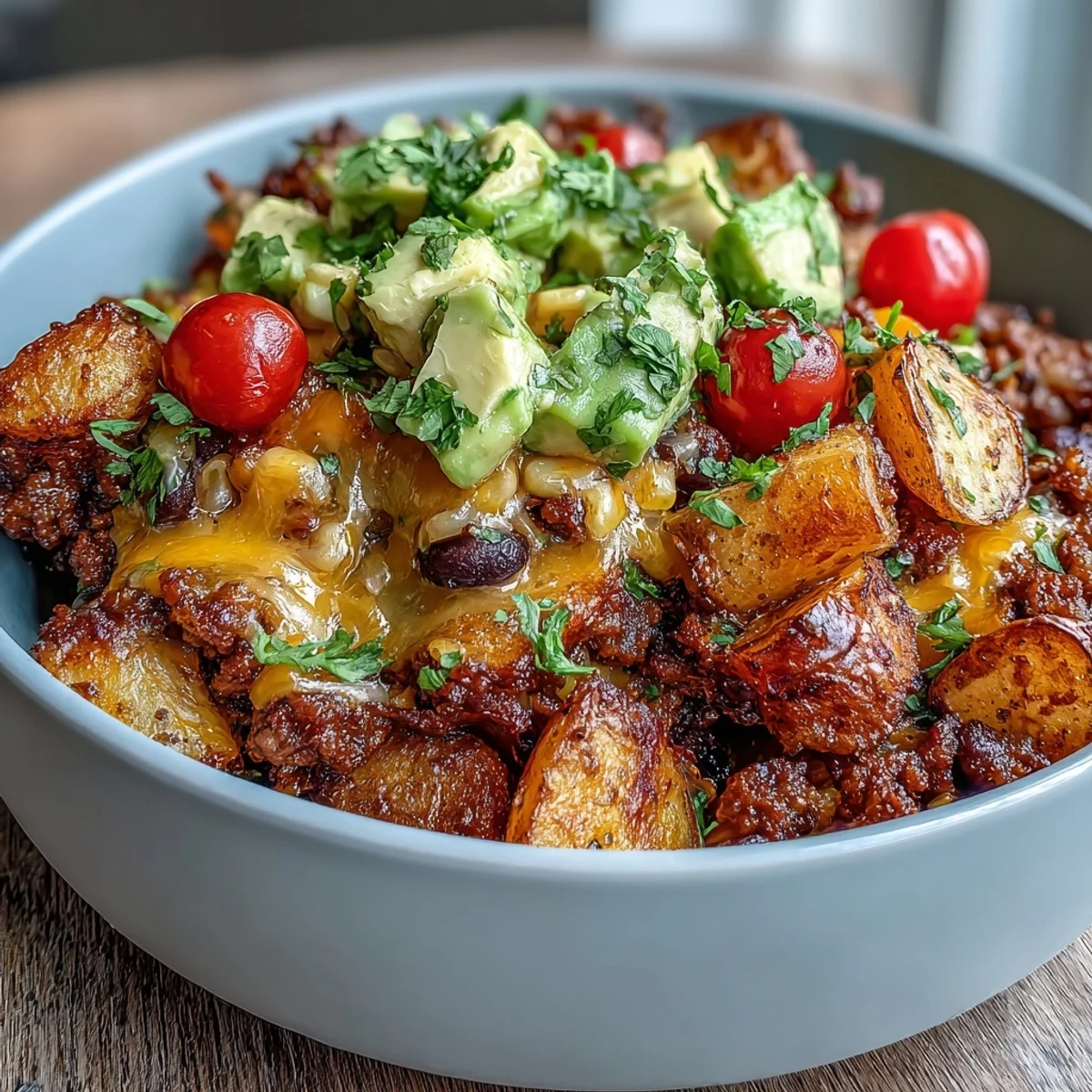 A vibrant Loaded Potato Taco Bowl features diced avocado, fresh cherry tomatoes, and cilantro over a hearty layer of seasoned meat and potatoes. 