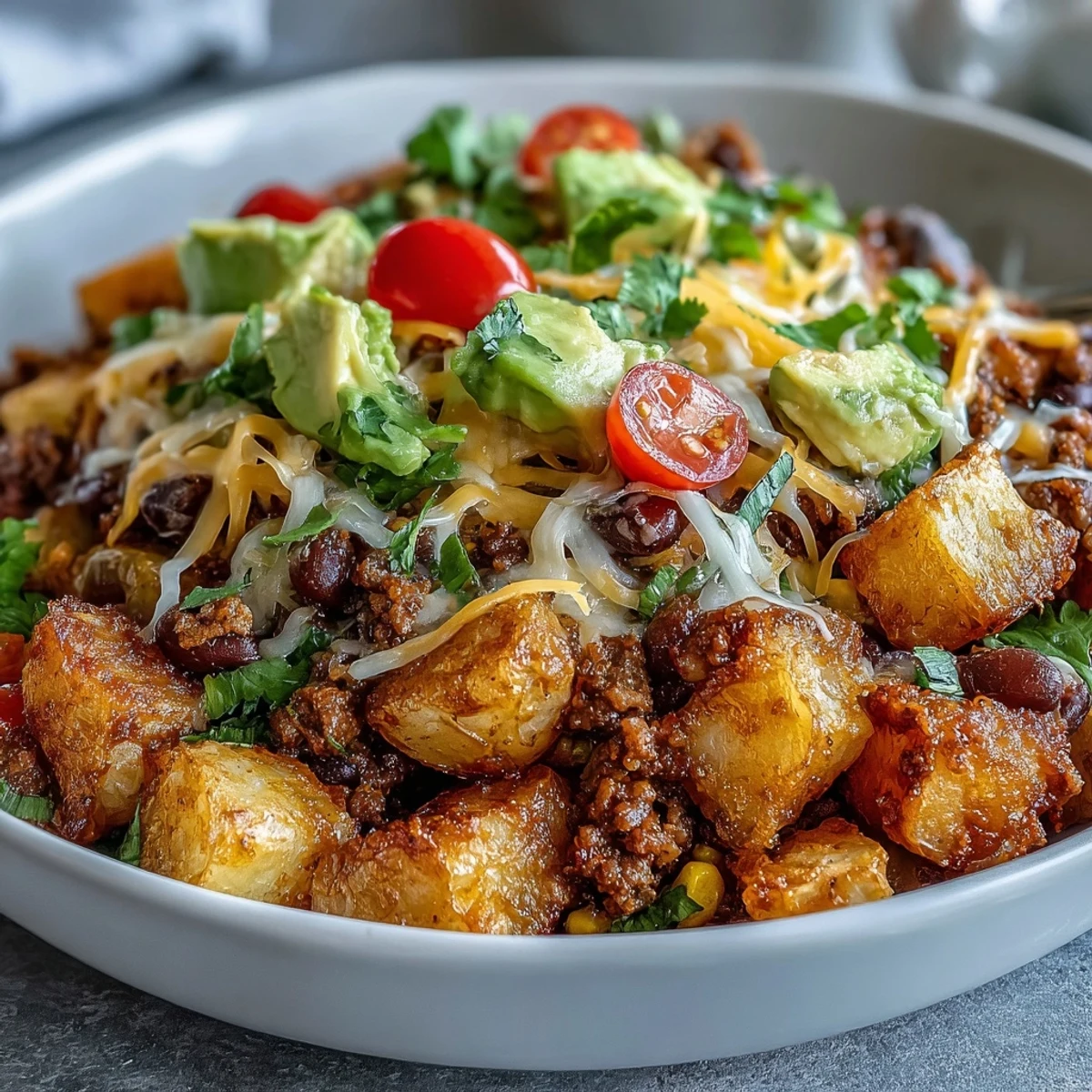 Serve this Loaded Potato Taco Bowl with lime wedges and a dollop of sour cream for a flavorful, protein-packed dinner.