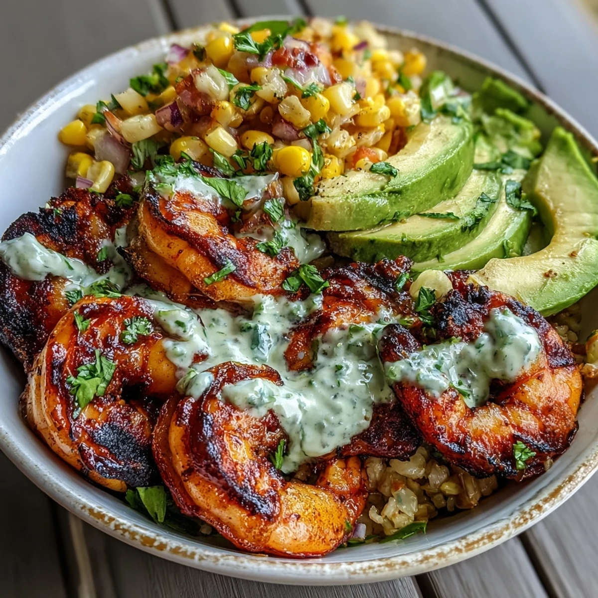 Bright pink grilled shrimp rests atop lime-infused corn salsa and avocado in this vibrant Grilled Shrimp Bowl, finished with creamy garlic sauce.