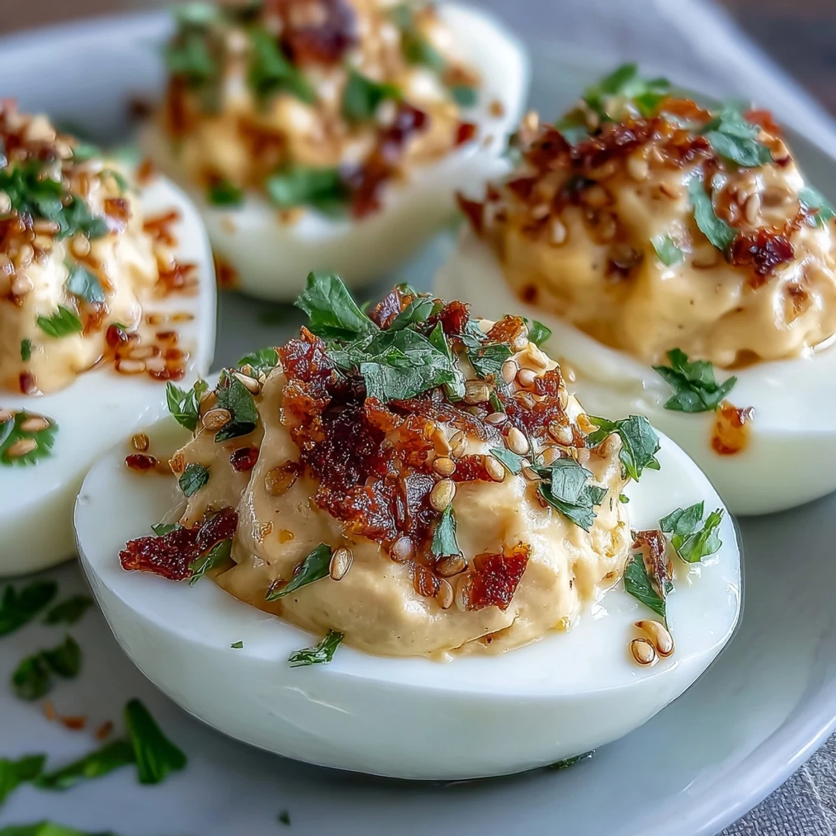 Spicy Chili Garlic Deviled Eggs on a platter, garnished with cilantro and chili flakes. 