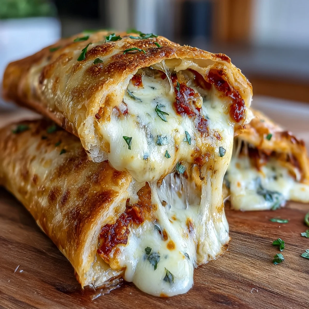 Steam rises from a split High Protein Pizza Hot Pockets, revealing a melty low-fat cheese and savory red pizza sauce filling.