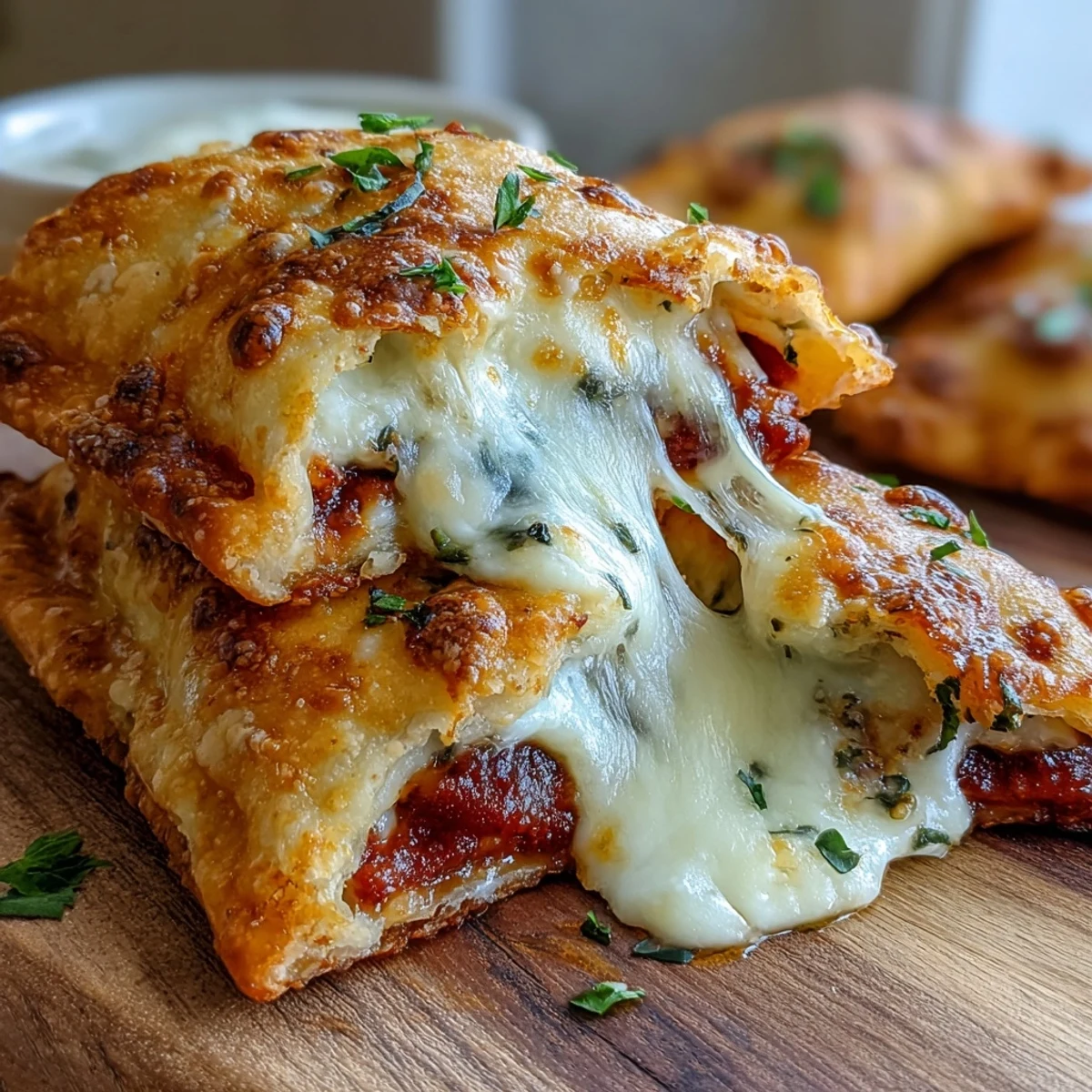 Freshly baked High Protein Pizza Hot Pockets sit on a rustic wooden board, showcasing their golden-brown and flaky exterior.