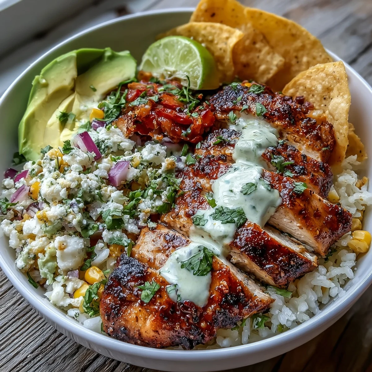 A close-up of the Street Corn Chicken Rice Bowl shows juicy, seasoned chicken and charred corn atop fluffy cilantro-lime rice, drizzled with creamy tajín sauce and topped with avocado.