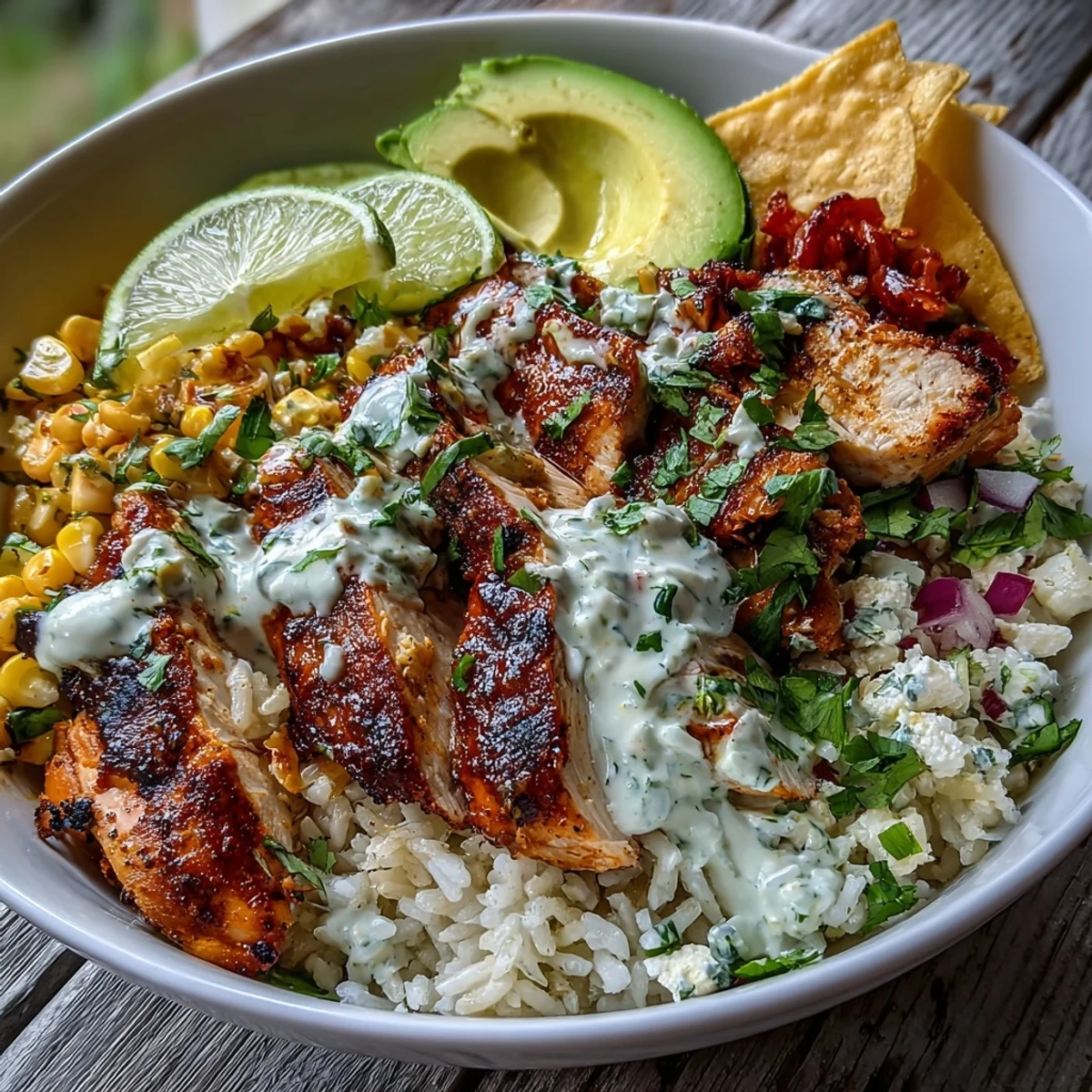 A beautifully plated serving of Street Corn Chicken Rice Bowl features golden-brown chicken slices next to a generous scoop of Mexican street corn, creating a delicious weeknight dinner idea.