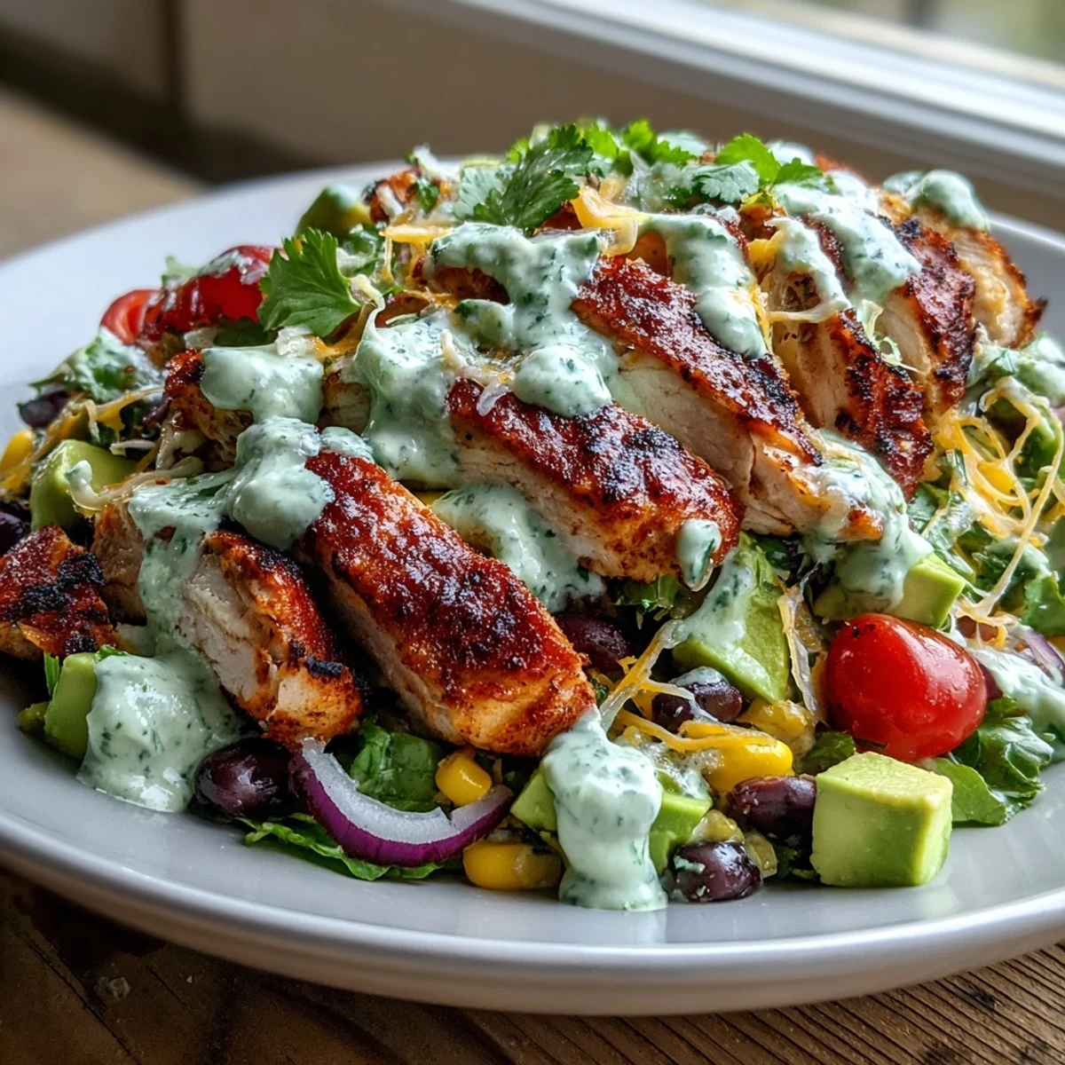 A hearty bowl of High Protein Southwest Chicken Salad features diced avocado and a creamy lime-cilantro dressing.
