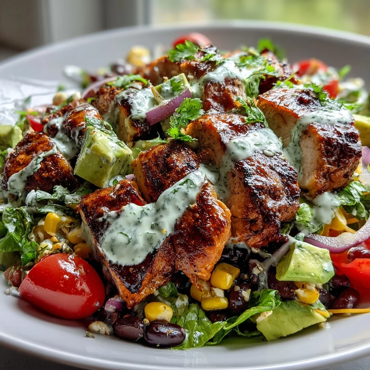 Close-up of High Protein Southwest Chicken Salad, showcasing colorful veggies and a drizzle of zesty dressing.