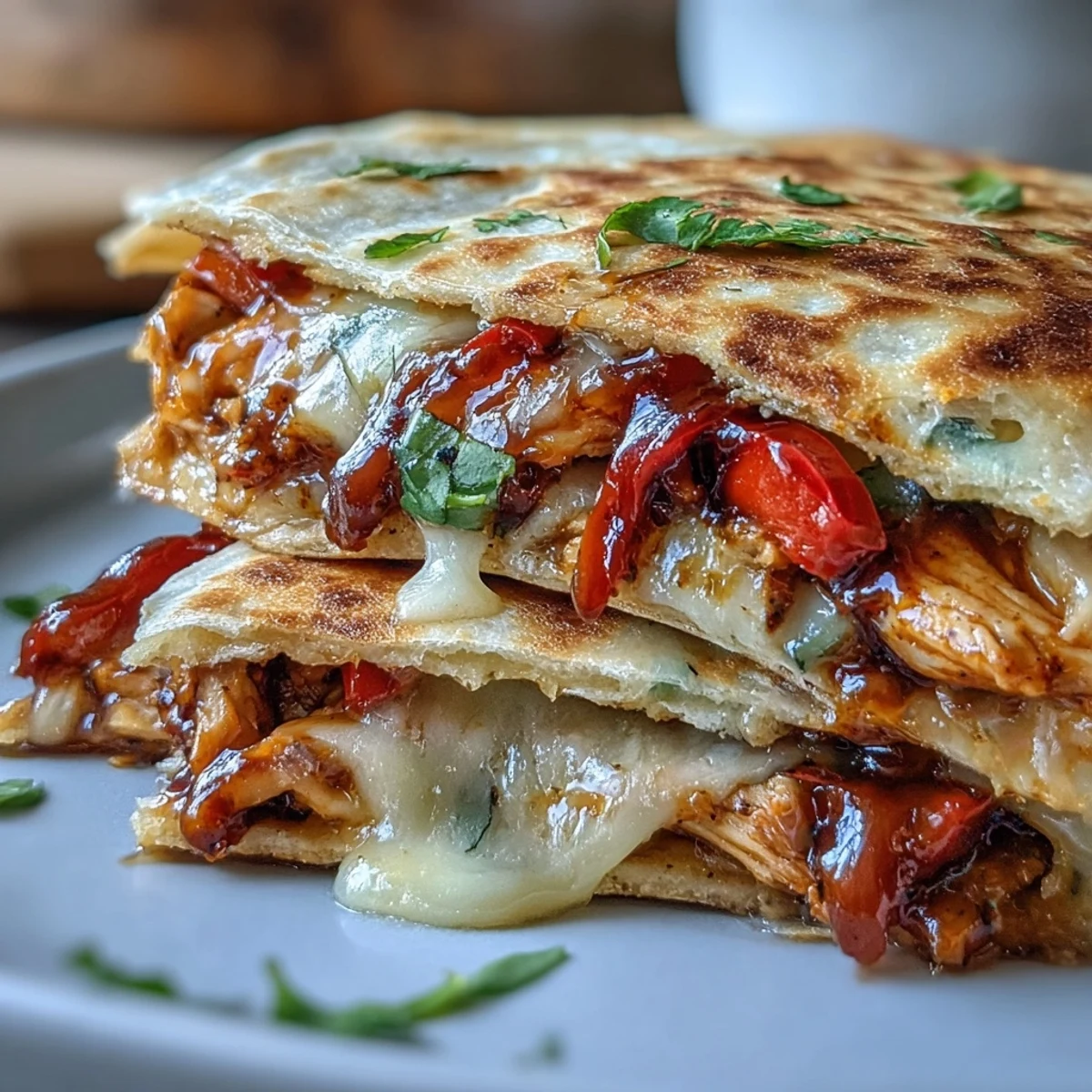 Crispy, golden-brown Hot Honey BBQ Chicken Quesadillas served with sour cream and fresh lime wedges.