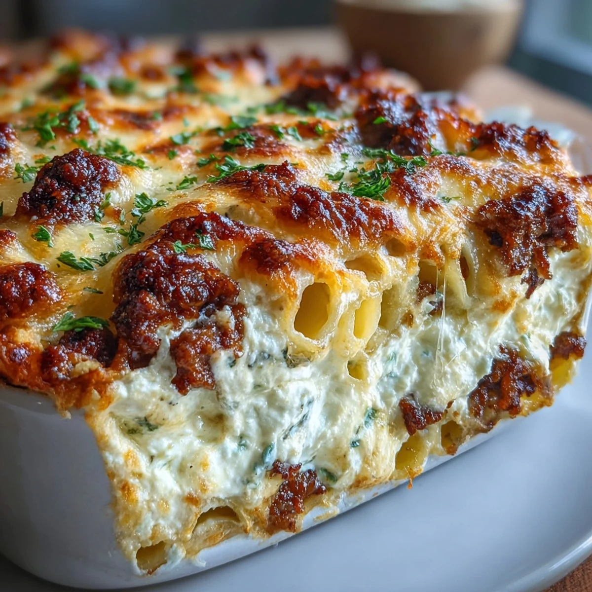 Golden, bubbling mozzarella and Parmesan topping the Cottage Cheese Protein Pasta Bake with Ground Beef, served warm.