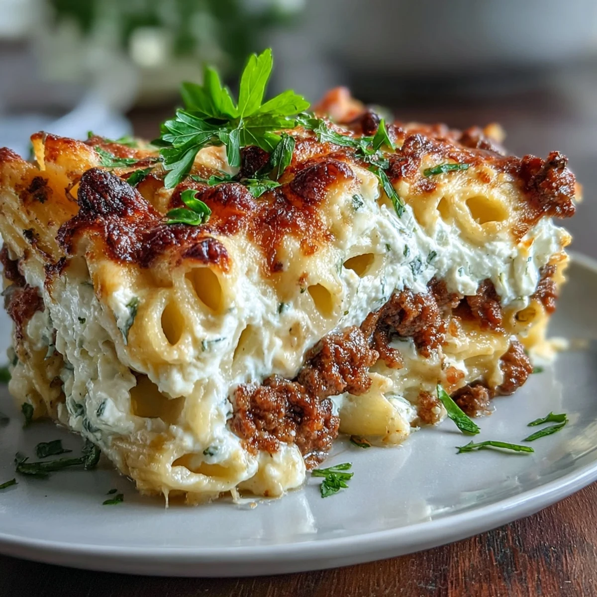 Fresh parsley garnish adds green color to the Cottage Cheese Protein Pasta Bake with Ground Beef in a dish.