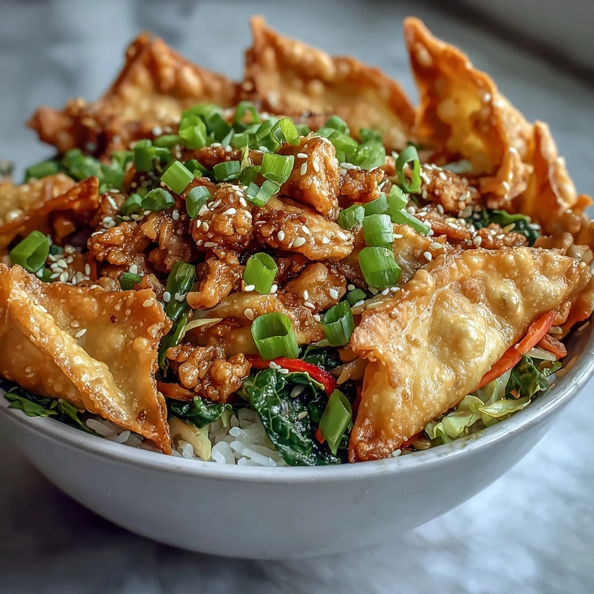 A close-up of deconstructed Crispy Baked Egg Roll Chicken bowls, featuring crunchy wontons and vibrant stir-fried veggies.