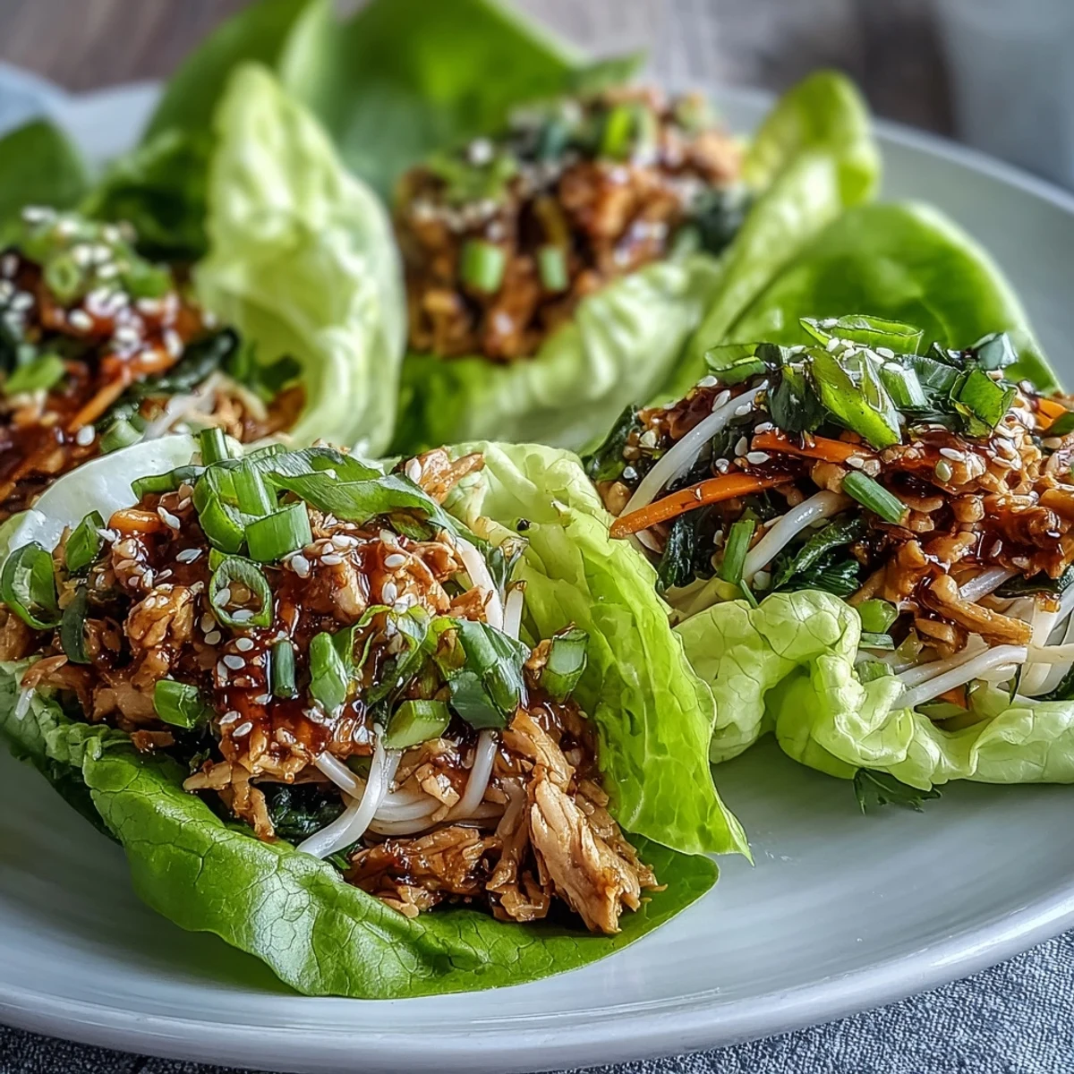 Savory turkey and noodle filling in crisp butter lettuce cups garnished with sesame seeds.