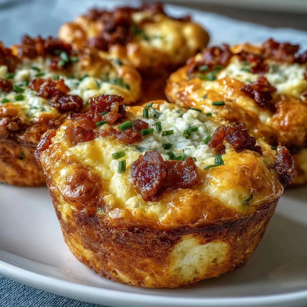 Golden-brown Ranch & Cheddar Egg Muffin Cups fresh from the oven, featuring melted cheese and crispy bacon crumbles on a cooling rack.