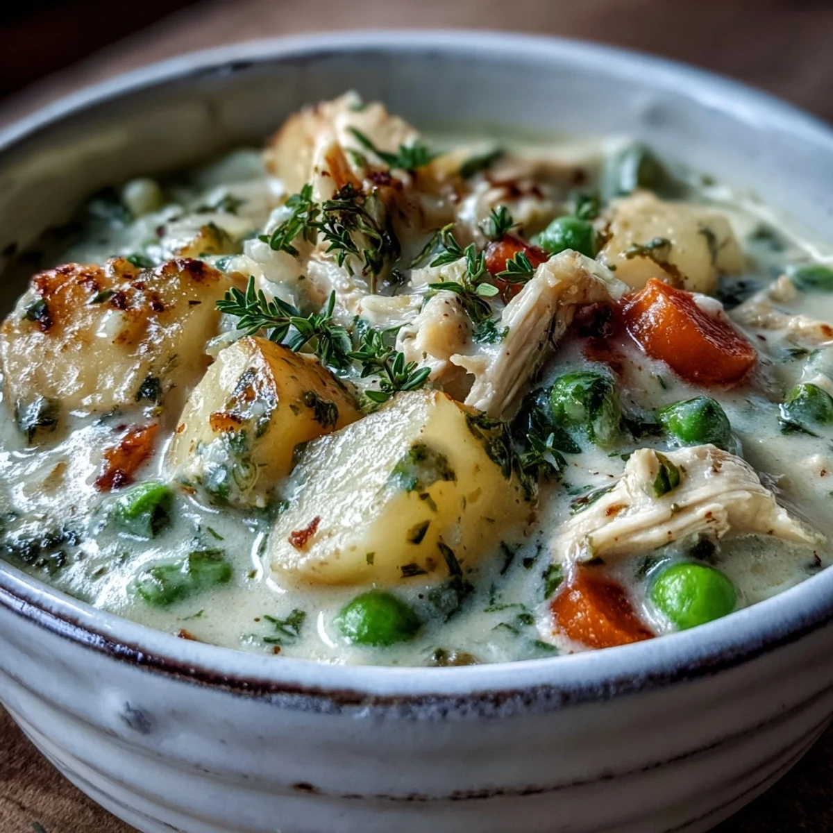 Creamy Chicken Pot Pie Soup steaming in a rustic bowl with parsley garnish and a side of crusty bread.
