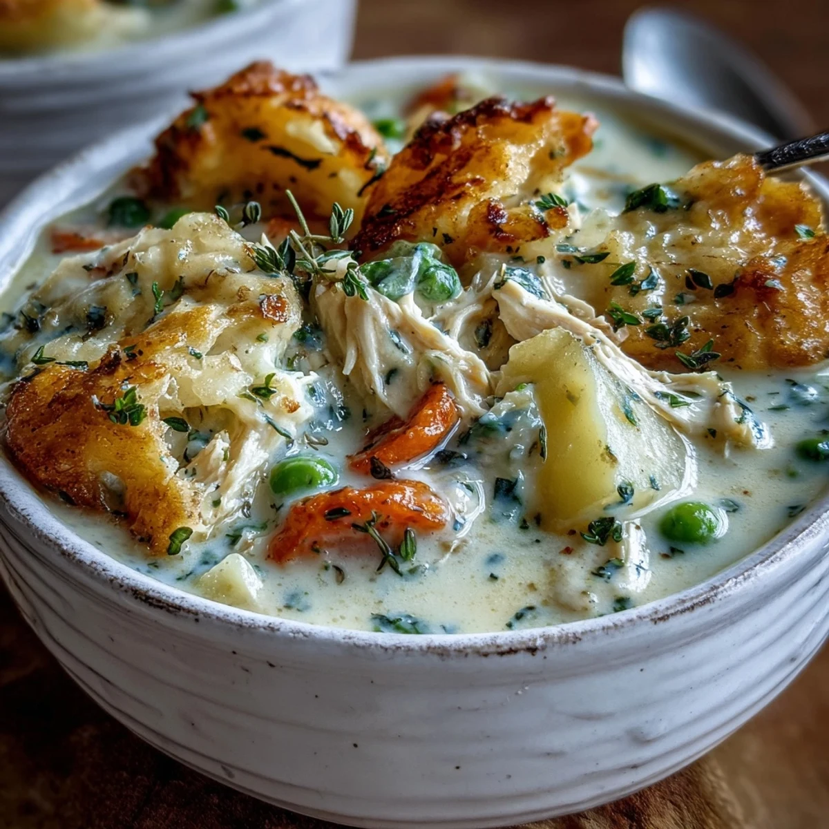 A comforting bowl of Creamy Chicken Pot Pie Soup loaded with tender chicken, carrots, and peas.