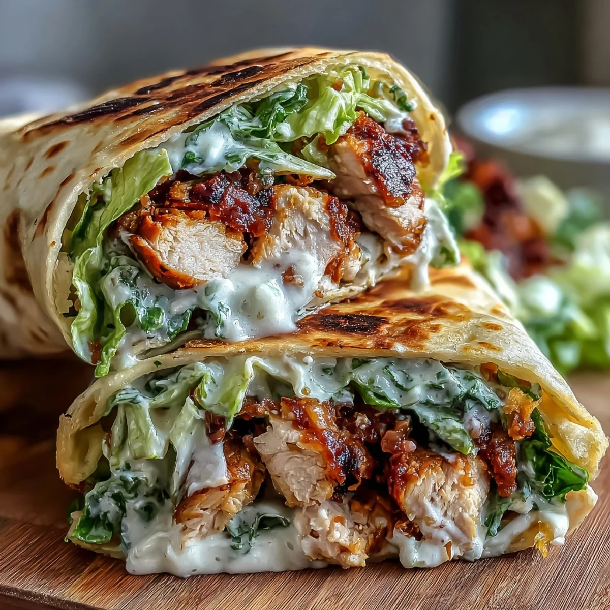 Served on a plate, these fusion wraps feature juicy chicken, tangy Caesar dressing, and garlic naan.