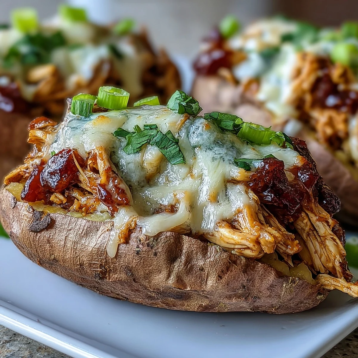 Oven-baked Honey BBQ Chicken Stuffed Sweet Potatoes, golden and fluffy, served warm with cheese, green onions, and cilantro garnish.