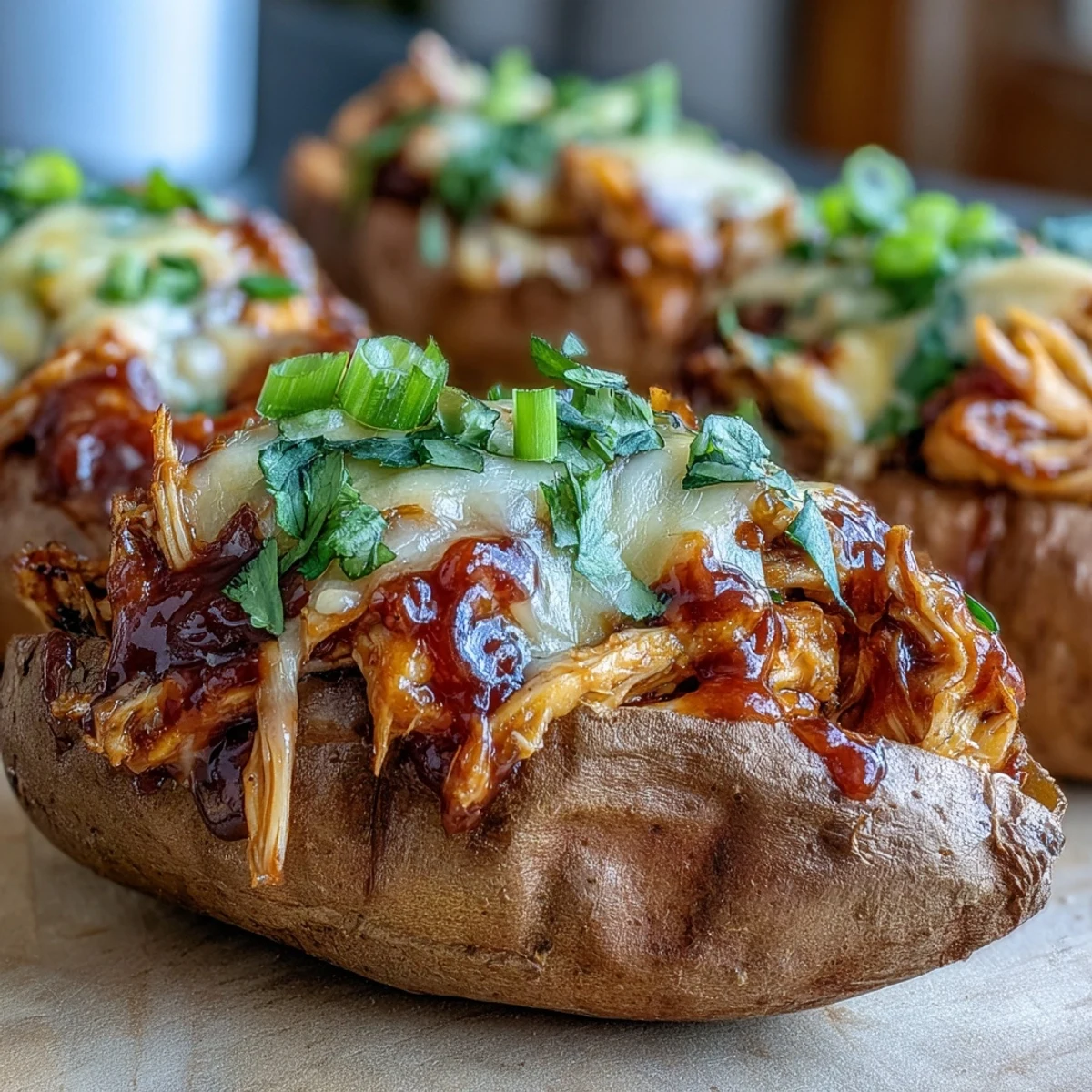 Freshly prepared Honey BBQ Chicken Stuffed Sweet Potatoes with tender shredded chicken, gooey cheese, and a drizzle of honey BBQ sauce.