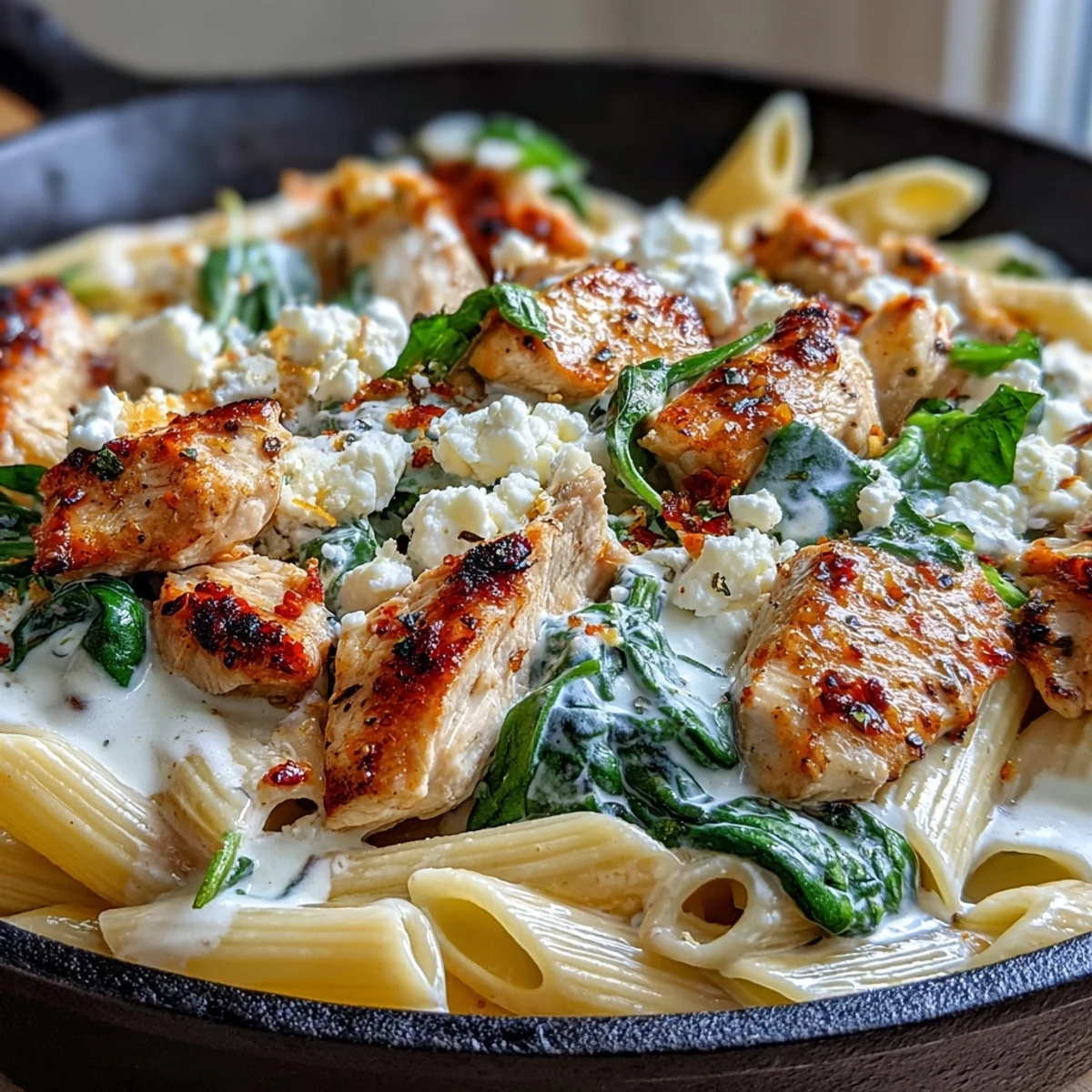 Creamy Greek Chicken Feta Pasta Skillet with tender chicken, wilted spinach, and crumbled feta in a skillet, ready to serve.