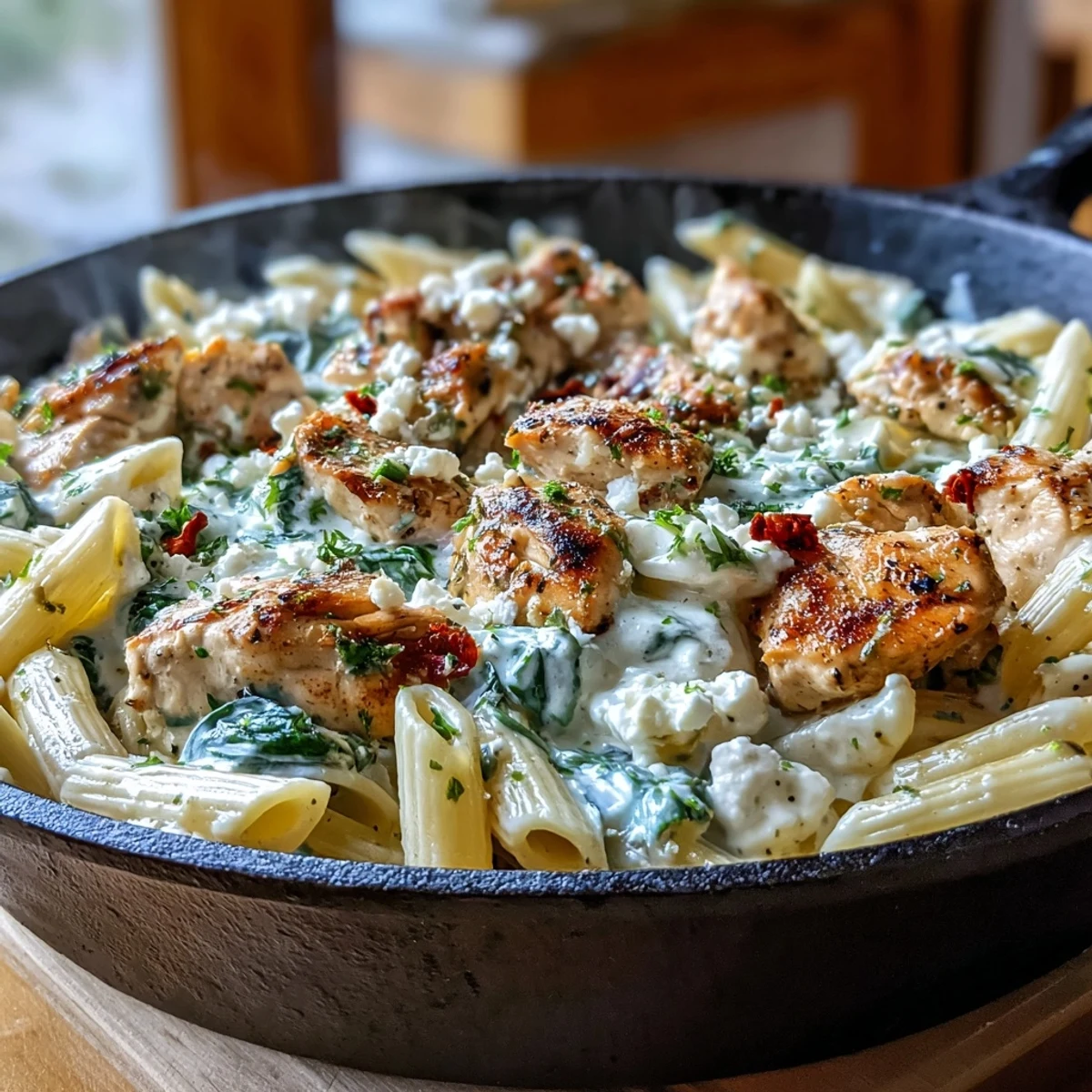 Freshly cooked Greek Chicken Feta Pasta Skillet topped with bright lemon zest, feta, and herbs in a warm serving dish.