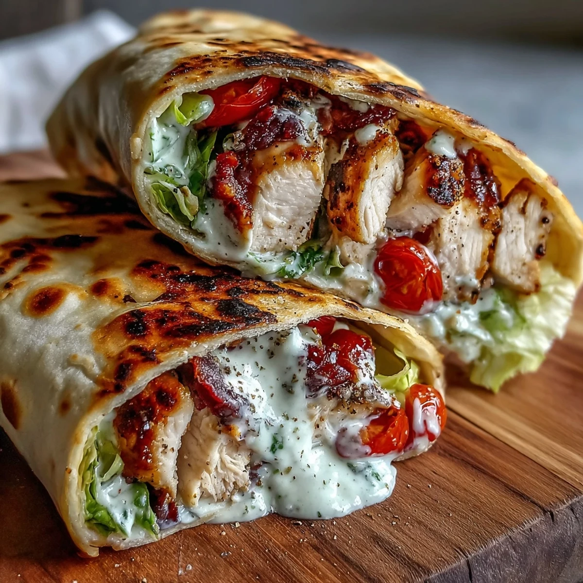 Garlic Naan Grilled Chicken Caesar Wraps stuffed with crisp romaine, smoky grilled chicken, and creamy Parmesan.
