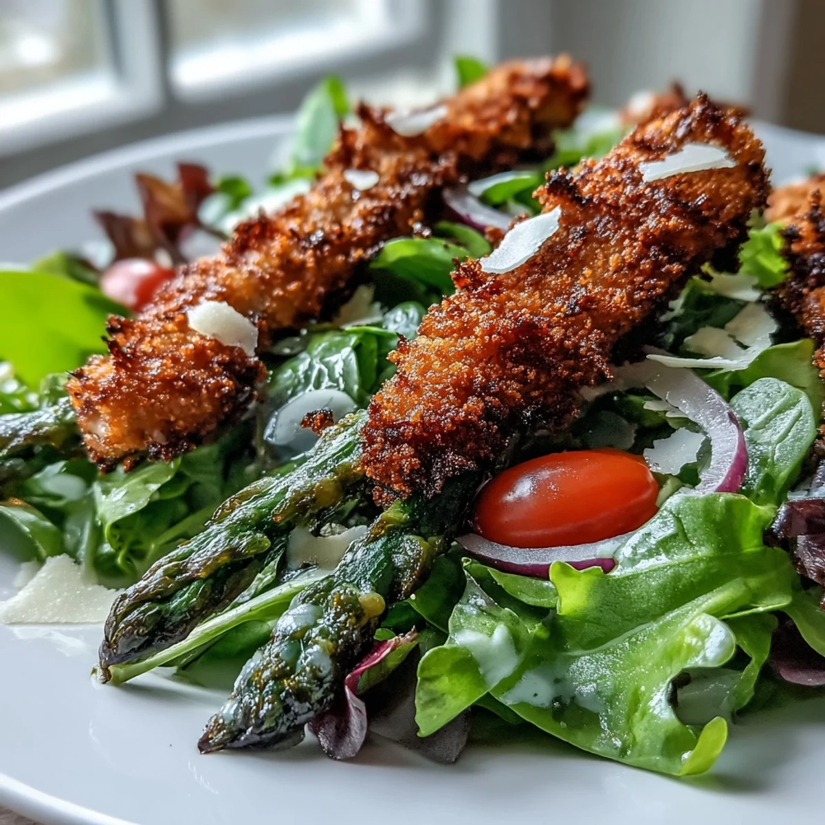 Golden-baked Parmesan-crusted asparagus spears and juicy shredded chicken rest on fresh greens, all drizzled with bright lemon dressing for a Crispy Parmesan Asparagus Chicken Salad.