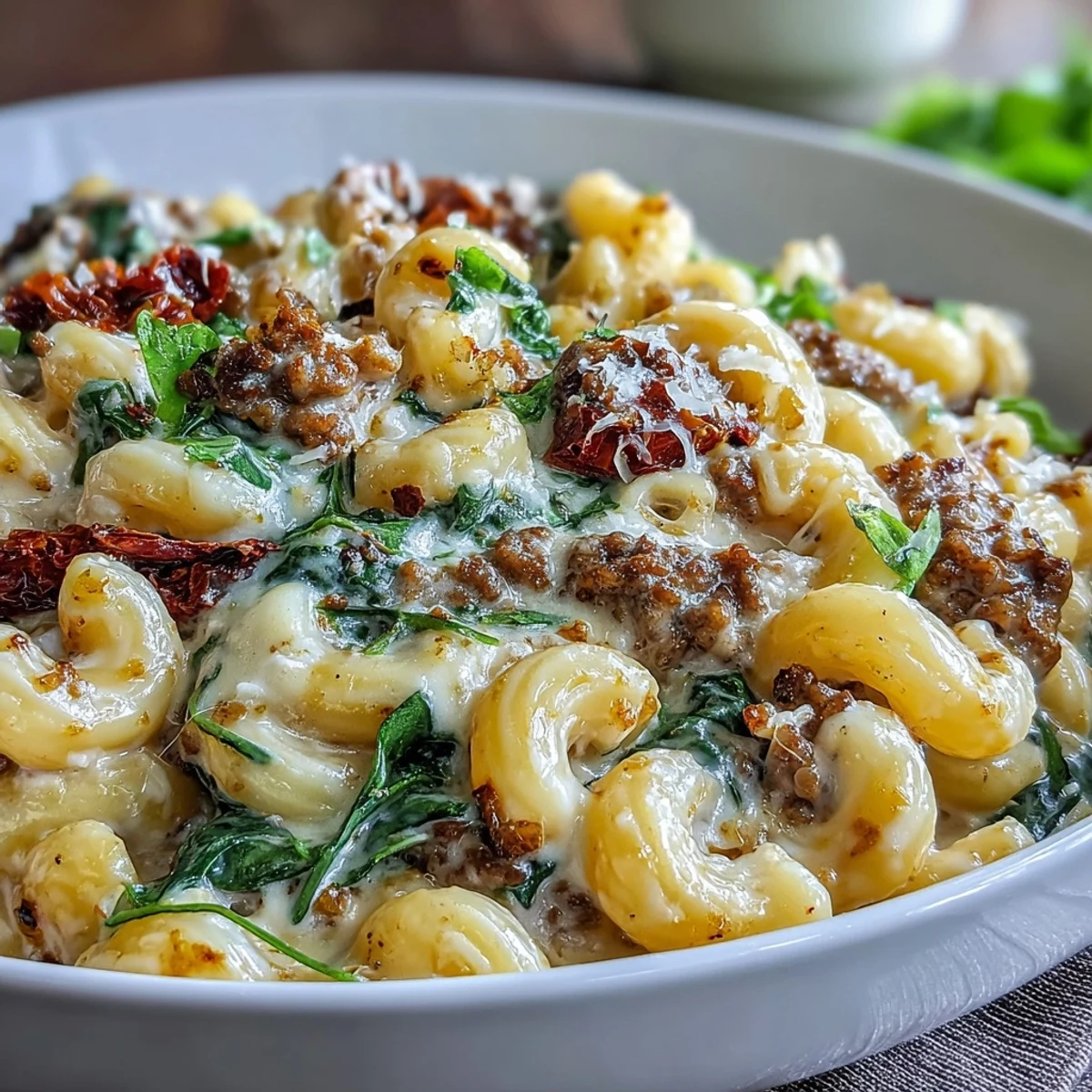 Creamy Tuscan Chili Mac served in a white bowl with melted mozzarella, wilted spinach, and sun-dried tomatoes, ready to enjoy.