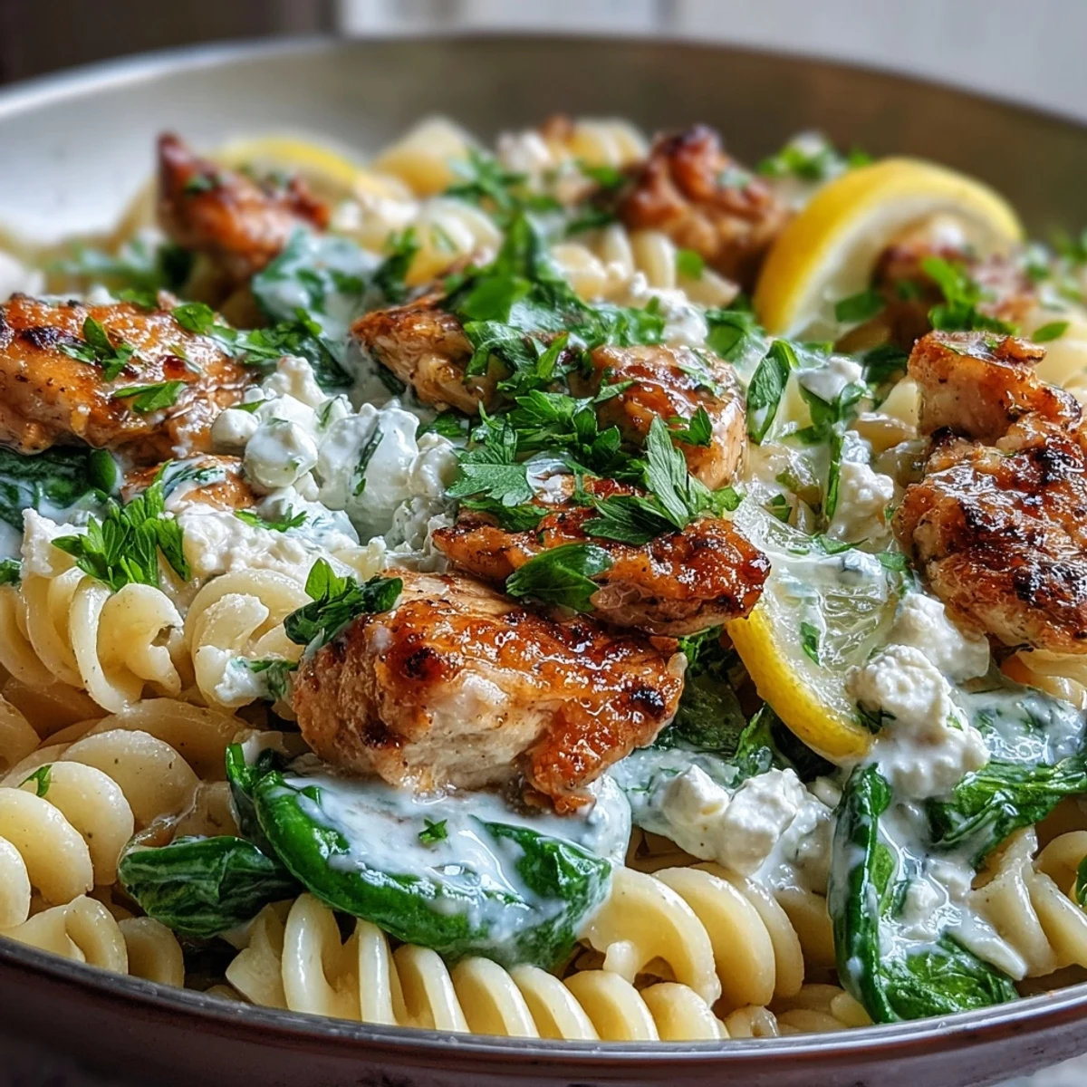 Greek Chicken Feta Pasta Skillet served hot with bright lemon wedges and fresh parsley on top.