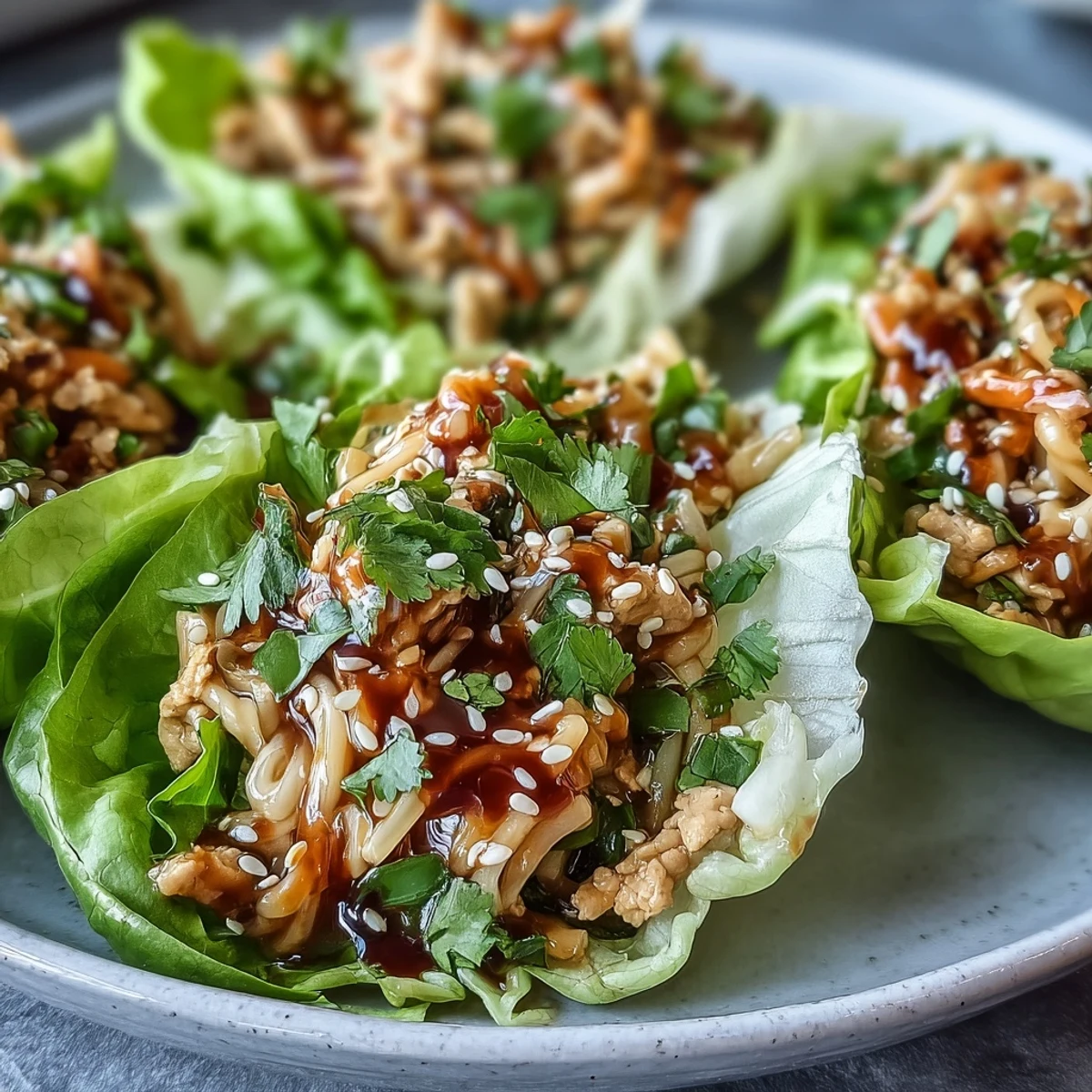 Crisp butter lettuce cups overflowing with savory turkey noodles and shredded carrots for a low-carb meal.