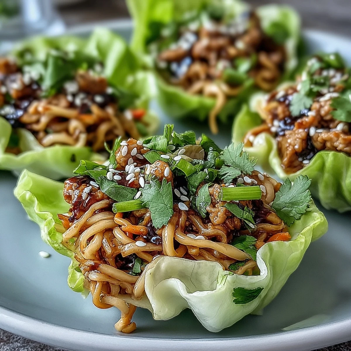 Shimmering skillet of Potsticker Noodle Lettuce Cups garnished with green onions and sesame seeds.