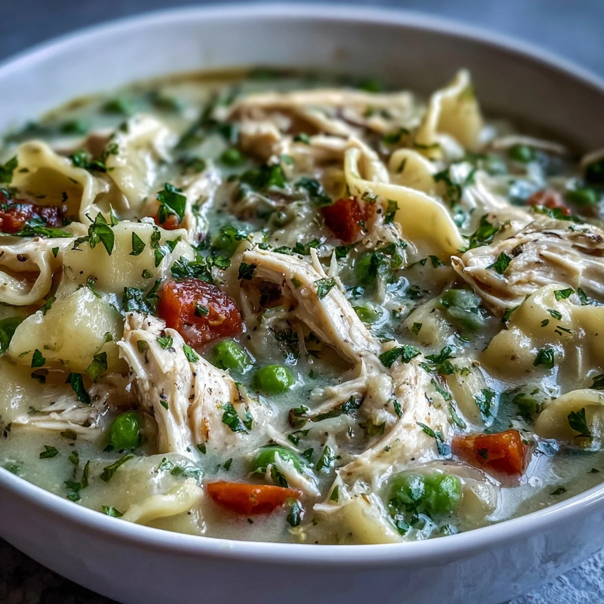 Steaming bowl of Creamy Chicken Pot Pie Soup filled with tender shredded chicken, carrots, and peas.