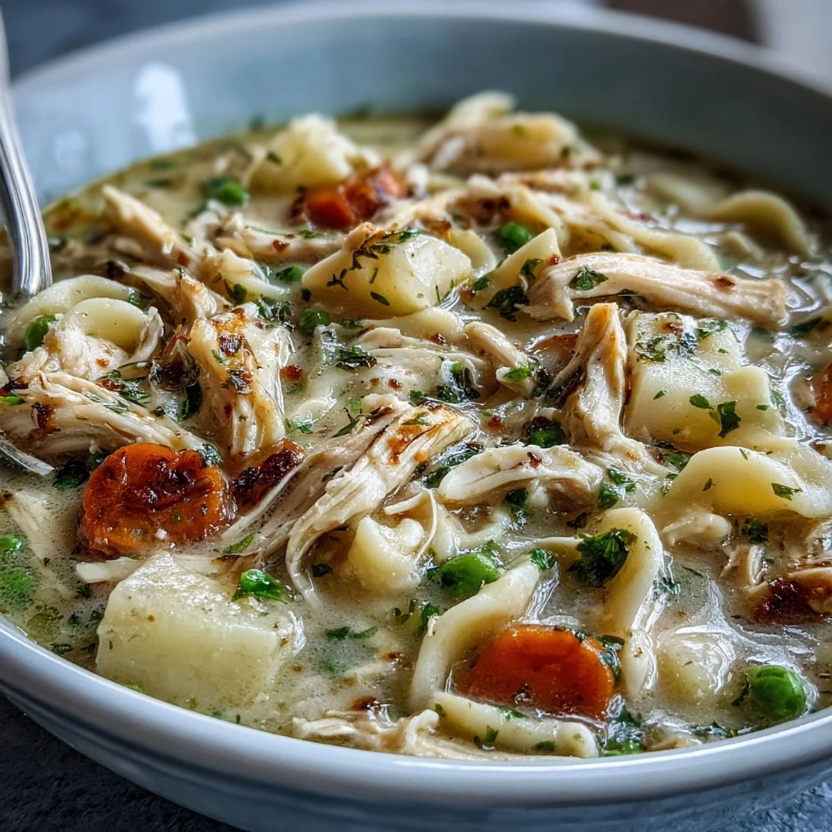 Hearty American Creamy Chicken Pot Pie Soup simmering in a pot with rich, creamy broth.